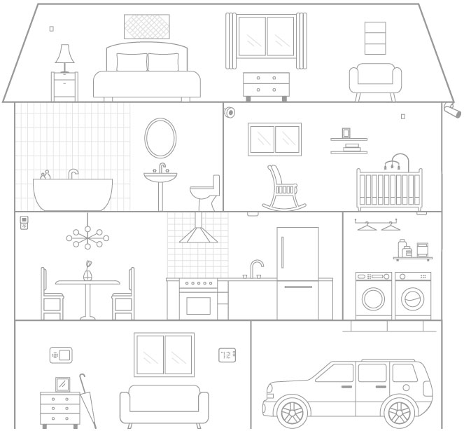 A simple line drawing of a house layout, including a bedroom, bathroom, kitchen, laundry area, dining room, and living room, along with furniture and a car parked outside.