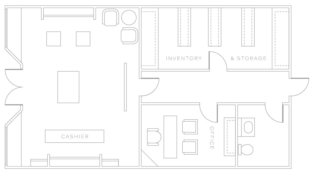 A floor plan of an office layout showing different areas including a cashier station, a meeting room, storage, and an office space, all marked with labeled sections for easy navigation.